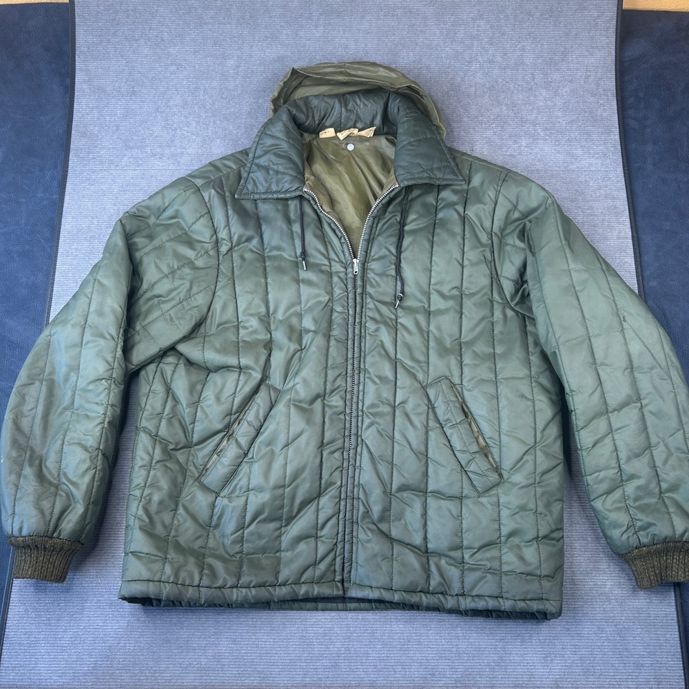 Vintage Sears Quilted Work Jacket Mens XL Olive Green Full Zip Hooded Puffer